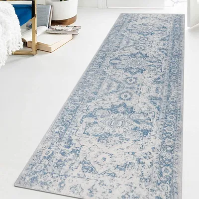 Produktbild von Teppichläufer Flur rutschfest 65x220cm Vintage Blau Waschbar Mikrofaser