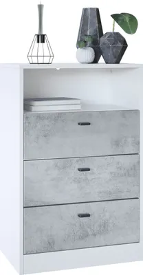 Produktbild von Vladon Kommode Pino V2,  Germany, Anrichte mit 3 Schubladen & 1 offenem Fach, Weiß matt/Beton Oxid Optik (56 x 86,5 x 36 cm)
