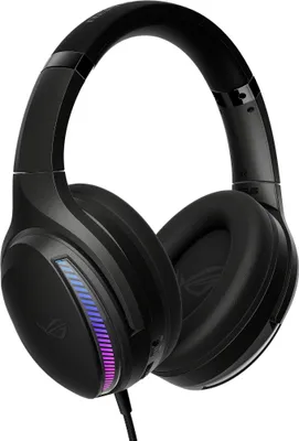A studio shot of a black gaming headset.