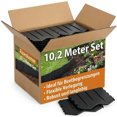 Produktbild von BURI Rasenkante Kunststoff 10,2 m Set – Flexible Beetumrandung & Mähkante – 68 Elemente Stecksystem, wetterfest, frostsicher, UV-beständig – Unsichtbare Beeteinfassung aus recyceltem Material