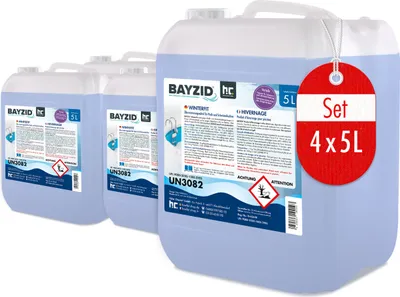 A set of four 5-liter containers of BAYZID® Winterfit pool treatment, with a red tag indicating "Set 4x5L".