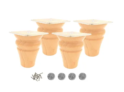 Four wooden furniture legs with silver tops, along with screws and felt pads, arranged on a white background.