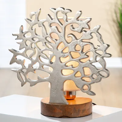 Produktbild von Gilde Tischleuchte, Lebensbaum, "Lebensbaum", Aluminium, Mangoholz, silberfarben, VE 1, L. 18 cm, B. 31 cm, H. 31 cm 49001 4009079490015