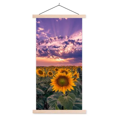 Produktbild von MuchoWow® Textilposter Blumen - Himmel - Lila - Sonnenuntergang 60x120 cm mit holzfarbenen Rahmen - Holz