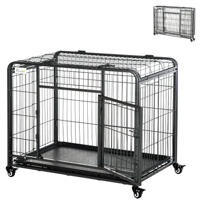 Obrázek produktu pro Pawhut PawHut klec pro psy skládací přepravní klec na kolečkách 2 dvířka kovová šedá + černá D02-052