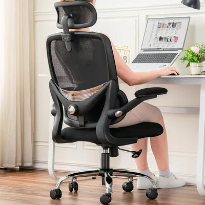 Obrázek produktu pro Ergonomická kancelářská židle s výklopnými podloketníky, prodyšnou vysokou opěradlem, bederní opěrkou a odnímatelnou hlavovou opěrkou