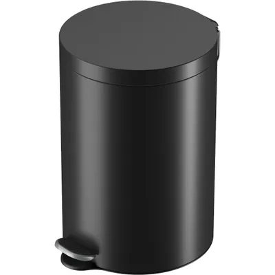 A black pedal trash can on a white background.