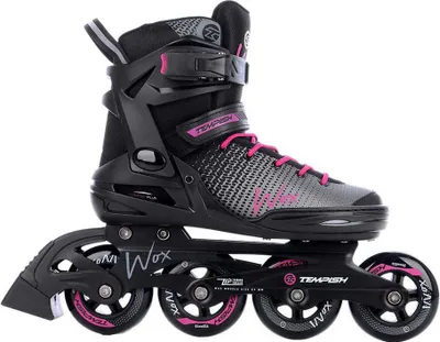A single black and pink inline skate is shown against a white background.