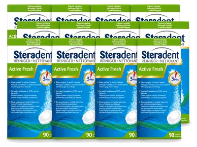Produktbild von 12 x Steradent Active Fresh Kunstgebitreiniger - Menthol en Eucalyptus - 90 Tabletten - Vorteilspackung - 12 Stücke