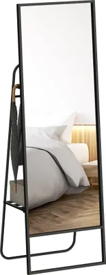 Zdjęcie produktu dla Lustro stojące prostokątne HOMCOM 157 x 50 cm z półką, 2 haczykami i metalową ramą, duże lustro, lustro do sypialni, salonu, przedpokoju, czarne
