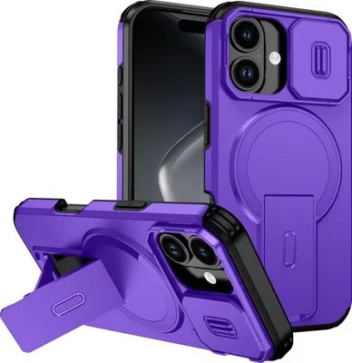 Obrázek produktu pro Magnetické pouzdro pro iPhone 17, dvouvrstvé odolné pouzdro s posuvnou ochranou fotoaparátu a nastavitelným stojánkem Fialová