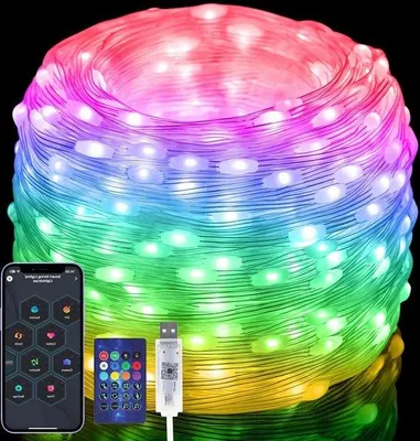 Imagen del producto de Guirnalda de luces LED inteligentes de 20 metros, con múltiples colores, control por música, 200 LEDs, resistente al agua (IP65), ideal para dormitorios y fiestas.