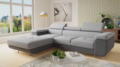 Produktbild von Ecksofa Divo mit einstellbare Kopfstützen und Schlaffunktion, Couchgarnitur, Sofagarnitur, Couch, Schlafsofa (Dunkelgrau + Grau (Sawana 05 + Sawana 21), Ecksofa Links)