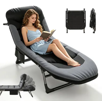 Image de Chaise longue 6 positions réglables - Lit de camping pliant - Chaise longue avec coussin - Chaise de pêche - Convient pour intérieur et extérieur - Capacité de 150 kg