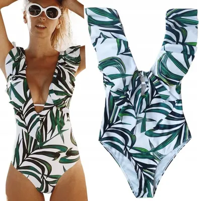 Obrázek produktu pro Jednodílné plavky - pro ženy - Otevřená záda - Výstřih s volánky - Boho styl - Vzor: listy - Zelená a bílá - Velikost M