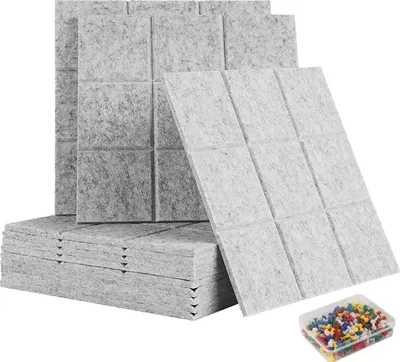Produktbild von Relaxdays Filzpinnwand, 12 Stück, selbstklebende Quadrate aus Filz, HBT: 30x30x0,9 cm, Filzwand inkl. Pinnnadeln, grau