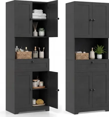 Two views of a tall, dark gray bathroom cabinet.