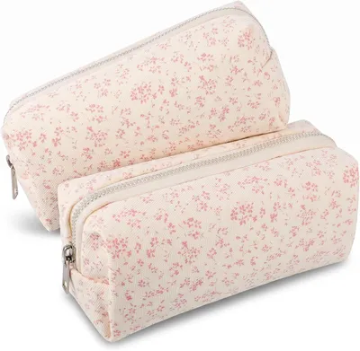 Image de Ensemble de deux étuis de rangement, grands, en toile, avec fermeture éclair, de couleur beige, pour l'école et le bureau