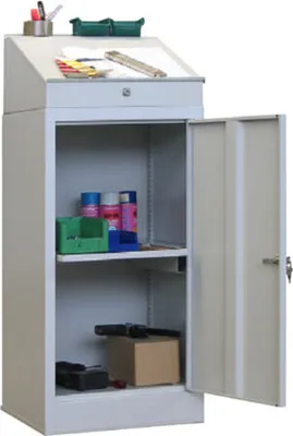 Produktbild von Stehpult mit Schrank - Vollblechtür - Zylinderschloss - 1 Ausziehboden, 1 Schublade - 1.270x500x500 mm (HxBxT) - enzianblau/lichtblau