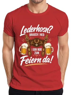 Productafbeelding van Lederen broek, niet mijn ding. Ik ben er alleen om te feesten. Lederen broek, dirndl, heren T-shirt, rood, maat M
