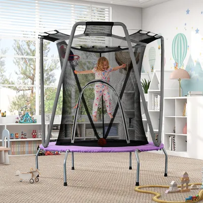 Produktbild von Trampolina dziecięca Merax mini φ147cm z siatką zabezpieczającą i funkcją koszykówki, trampolina dla dzieci do użytku wewnątrz i na zewnątrz, trampolina fitness o udźwigu do 50 kg, fioletowa/szara