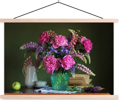 Produktbild von MuchoWow® Textilposter Tisch - Blumen - Stilleben 60x40 cm mit holzfarbenen Rahmen - Bilder