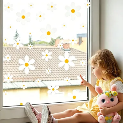 Produktbild von 6 Blatt Fensterbilder Frühling Gänseblümchen, Fenstersticker Blumen Weiß, Fensteraufkleber Wildblumen Deko, Anti-Kollision Glasaufkleber, für Glasflächen, Kinderzimmer (Weiß)