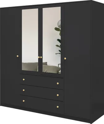 A black wardrobe with mirrored doors and gold handles, shown against a white background.