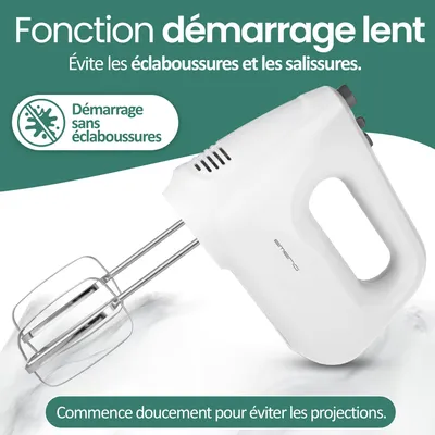 Image de Emerio batteur à main 250 W – avec fonction turbo – 6 vitesses – fouets et crochets pétrisseurs en acier inoxydable – HM-124178 – blanc