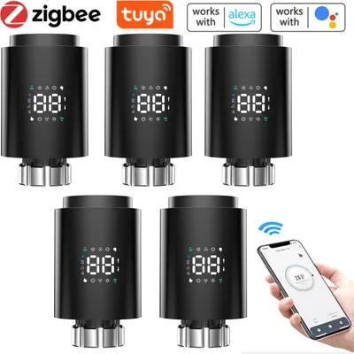 Produktbild von 5X Smart Heizkörperthermostate Thermostatventil Extrem leiser Schnellheiz Heizkoerperventil APP-Steuerung Kompatibel mit Alexa Google Assistant Kindersicherung Thermostat Heizung LED-Anzeige,Schwarz