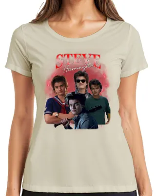 Imagen del producto de Camiseta para mujer con diseño de Steve Harrington de la serie Stranger Things, ideal como regalo para fans, niñeras o para usar en Hawkins. Color: natural. Talla: S