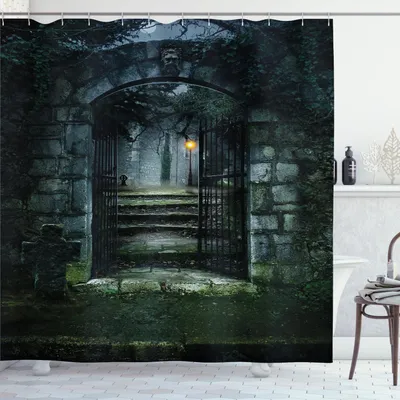 Obrázok produktu pre ABAKUHAUS gotický sprchový záves, obrázok brány temného cintorína duchov, mystika, tajomná ilustrácia, 175 x 200 cm, sivá zelená