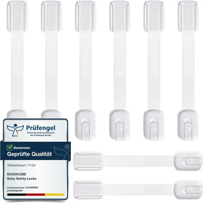 Image de Sécurité pour enfants - Lot de 8 serrures de sécurité réglables pour meubles, avec adhésif 3M - Serrures universelles pour protéger les enfants, adaptées aux armoires, aux tiroirs, aux réfrigérateurs et aux toilettes