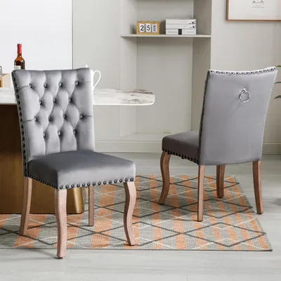 Image de okwish Lot de 2 chaises salle à manger avec poignée décorative, pieds bois massif, velours gris