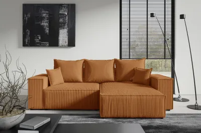 Produktbild von Ecksofa 3 Sitzer MINI POSSO II von ANTONIO 255x148x70 cm, L-Form mit Schlaffunktion & Bettkästen, Cordbezug - Orange, Ottomane rechts/links