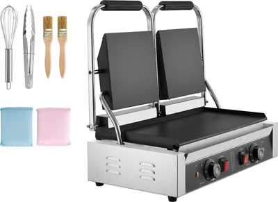 Image de SucceBuy : Grill de contact commercial 3600 W, appareil de cuisson électrique multifonction, sandwichmaker avec plaques de cuisson doubles, presse à panini en acier inoxydable, contrôle de la température et plaque émaillée plate de 48 x 23 cm, idéal pour les hamburgers, les steaks et le bacon