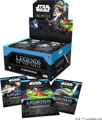 A booster box of Star Wars Unlimited Legends of the Force trading cards, with several booster packs displayed in front.