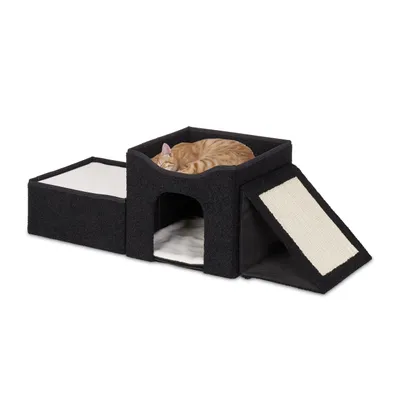 Produktbild von Relaxdays Katzenhöhle, faltbar, 3 Liegeplätze, Katzenhaus mit Kratzfläche, HBT: 36,5x112x41 cm, Katzenversteck, schwarz