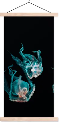 Produktbild von MuchoWow® Textilposter Quallen - Meerestiere - Schwarz 40x80 cm mit holzfarbenen Rahmen - Wohnzimmer