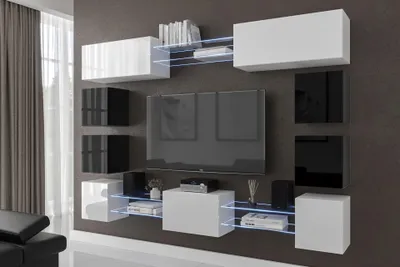 Obrázek produktu pro Furnitech Obývací stěna - Nábytek do obývacího pokoje s LED RGB - 16 barev - Moderní závěsná skříňka - Police a TV skříňka (Future C80N-21WB-HG21)