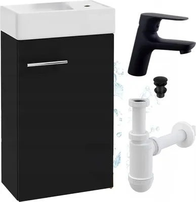 A bathroom vanity with a sink, faucet, and plumbing parts displayed against a white background.