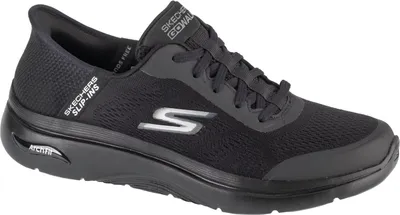 A black Skechers Go Walk Arch Fit shoe is shown from a side-angle on a white background.