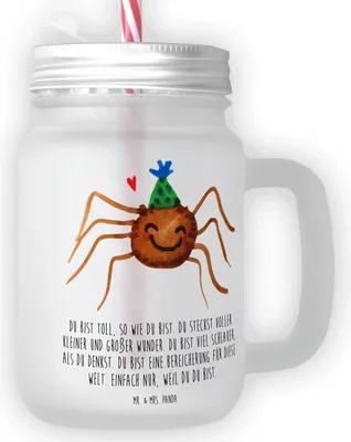 Produktbild von Mr. & Mrs. Panda Glas Spinne Agathe Party - Transparent - Geschenk, Mason Jar, Selbstliebe, becher mit henkel, Deckel, Cocktailglas, Wunder, Glück, Motivation, Strohhalm