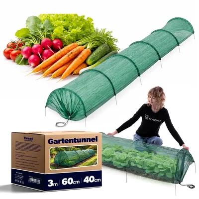 Productafbeelding van KADAX Plantentunnel, 3 meter x 60 cm, tuintunnel gemaakt van fijnmazig PVC-net, nettunnel met stevige metalen bogen, plantenbescherming voor verhoogde borders en groentebedden, folietunnel