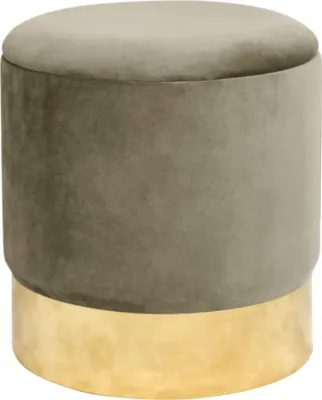 A close-up studio shot of a round pouf with a beige velvet fabric top and sides, and a gold metallic base.