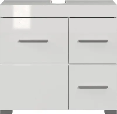 A front view of a white, high-gloss bathroom vanity with two drawers on the right and one door on the left.