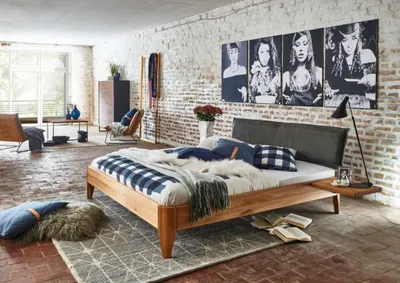 Produktbild von Bett Fano 160 x 200 cm Wildeiche massiv Polsterkopfteil Velours Grau