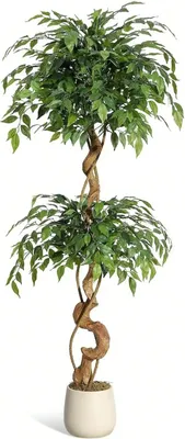 Obrázok produktu pre Umelý strom Ficus – pôdna rastlina – 150 cm – ohnutý kmeň – plast – s bielym kvetinácom – vonkajšie použitie – tmavo ružová