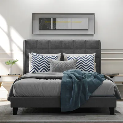 Produktbild von Polsterbett Polsterbett Mit seinem gepolstertes Kopfteil Doppelbett mit, Lattenrost, 140x200cm,in Grau Leinen, mittelfest Ohne Matratze