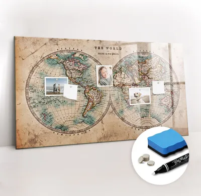 Produktbild von Magnetpinnwand Memoboard - Zubehörsatz - Weißer Marker + Schwamm + Magnete - 120 x 60 cm - Weltkugelkarte